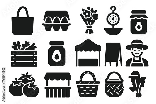 Farmers Market Icons. Solid style icons of Farmers Market: canvas tote bag, carton of fresh eggs, hand-tied bouquet, hanging scale