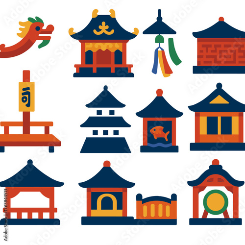 Asian Architecture Icons. Flat vector icons of Japanese Chinese architecture: dragon-decorated roof ridge, sacred hall with golden