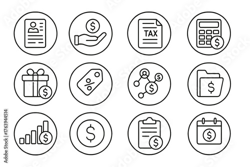 Payroll Icon Set. Line style round icons of payroll and compensation: payslip icon, direct deposit, tax form, salary calculator;