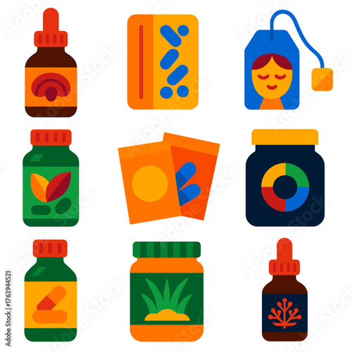 Vibrant Health Icons. Flat vector icons of health supplements and natural remedies: reishi mushroom extract bottle, joint support