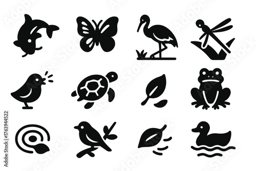 Garden Wildlife Icons. Solid style icons of Garden wildlife and motion: koi fish, fluttering butterfly, resting crane, dragonfly
