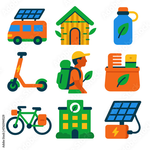 Sustainable Travel Icons. Flat vector icons of sustainable travel and eco tourism: solar-powered camper van, bamboo cabin,