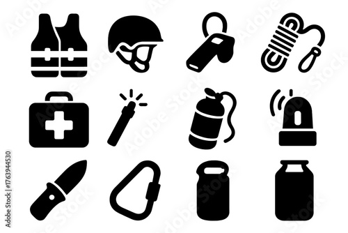 Kayak Safety Gear Icons. Solid style icons of Kayak Safety Gear: PFD vest, helmet, whistle, tow line, first aid kit, flare, rescue