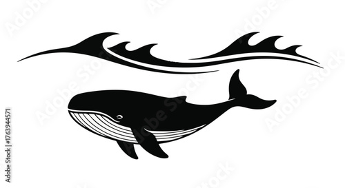 Majestic whale glides gracefully through deep ocean waters under stylized waves