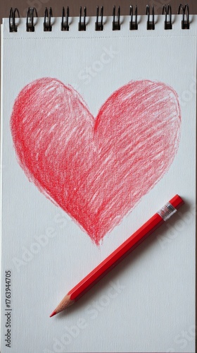 Heart Drawing With Red Pencil on Blank Paper Placed on a Table in Daylight