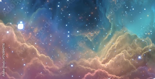Colorful cosmic nebula with glowing stars and clouds in deep space. Stunning celestial background in blue, pink, and golden tones symbolizing beauty, infinity, and the mysteries of the universe.
