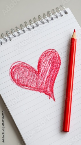 Heart Drawing With Red Pencil on Blank Paper Placed on a Table in Daylight