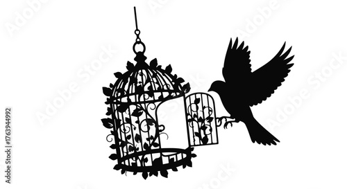 Bird flies free from open ornate cage, symbolizing hope and freedom.