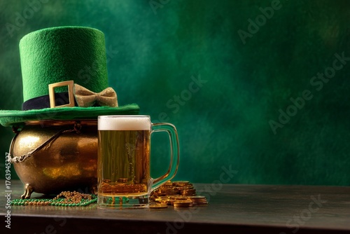 Celebrate St. Patricks Day With Green Hat, Beer, and Gold Coins on a Festive ...