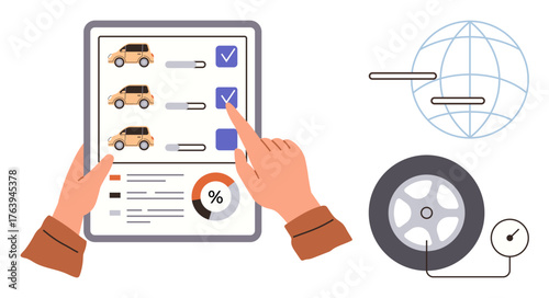 Hands reviewing vehicle inspection checklist with tire options and global navigation. Tire pressure gauge beside wheel. Ideal for maintenance, analytics, decision-making, safety, logistics