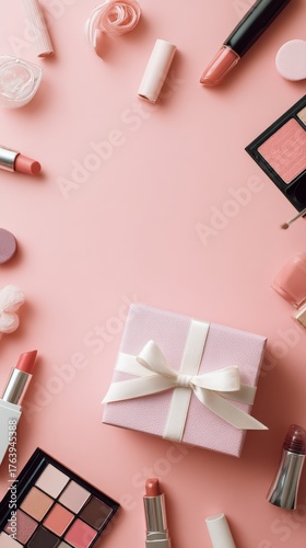 Colorful Makeup Collection and Gift Box Arranged on a Pink Background for a S...