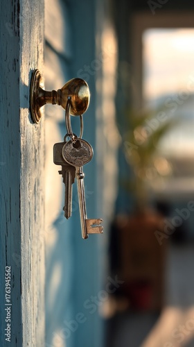 Keys Hanging on a Brass Hook Against a Rustic Blue Wall With Soft Natural Lig...