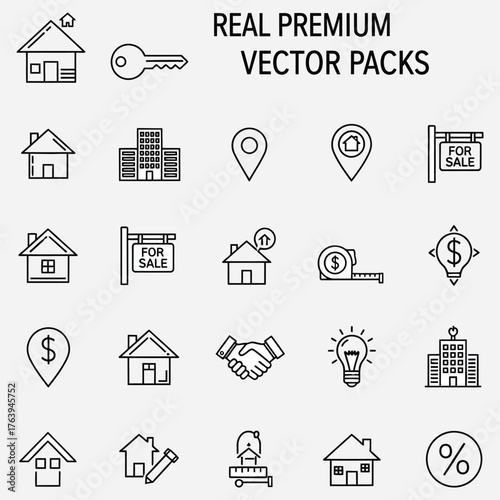 Real Estate Outline Icons Set Home, Sale, Key, and Location Vectors