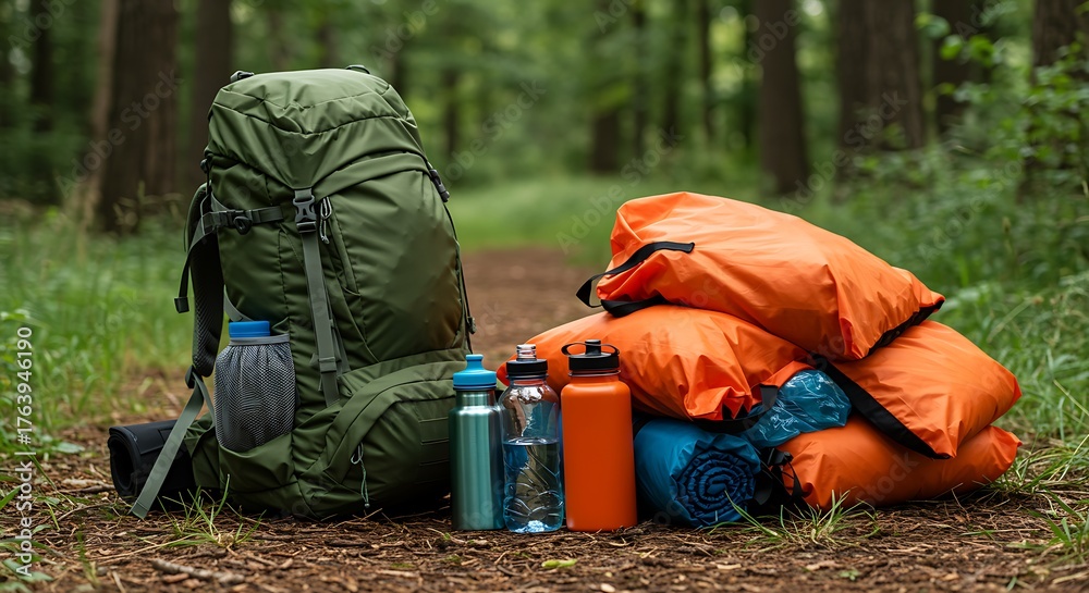 Fototapeta premium Backpacking gear including a large green backpack, sleeping bags, and water bottles in a forest setting