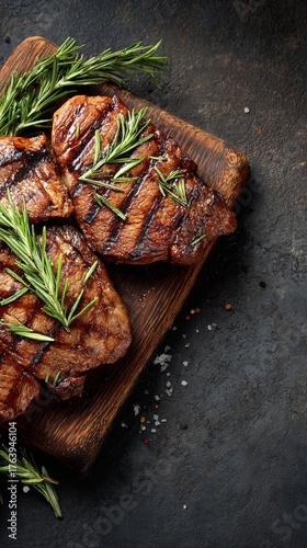 Grilled Steak With Fresh Rosemary on Wooden Board, Perfect for a Hearty Meal
