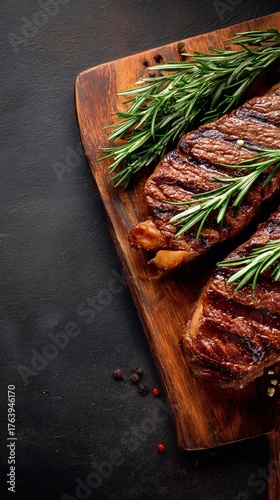 Grilled Steak With Fresh Rosemary on Wooden Board, Perfect for a Hearty Meal