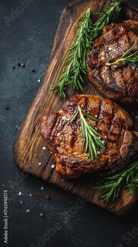 Grilled Steak With Herbs Served on a Wooden Board in a Dark Kitchen Setting