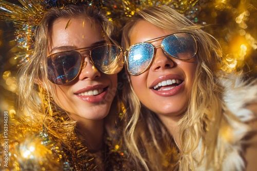 Friends Celebrate at a Festive Party Wearing Sunglasses and Bright Decoration...