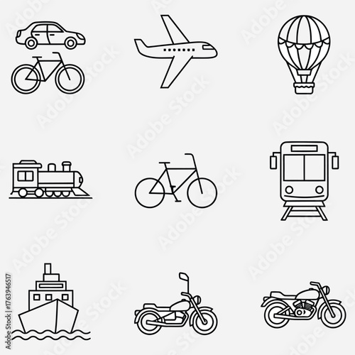 Icons Set Car, Plane, Train, Bicycle, Ship, and Hot Air Balloon Line Art