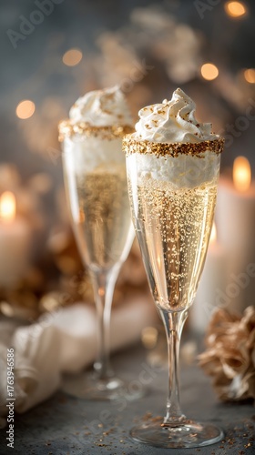 Sparkling Festive Drinks With Whipped Cream and Gold Sprinkles on a Celebrato...