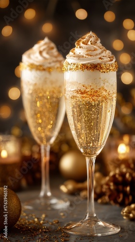 Sparkling Festive Drinks With Whipped Cream and Gold Sprinkles on a Celebrato...
