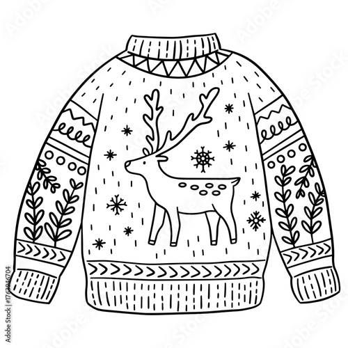 Cozy Christmas sweater with a reindeer and snowflake design, hand drawn in doodle style. Perfect for coloring pages, winter holiday themes, or festive design elements. Vector illustration.