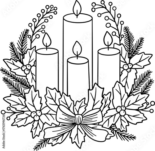 Coloring page of a festive Christmas wreath with four burning candles surrounded by holly leaves, berries, pine branches, and a decorative ribbon, drawn in black and white doodle style.