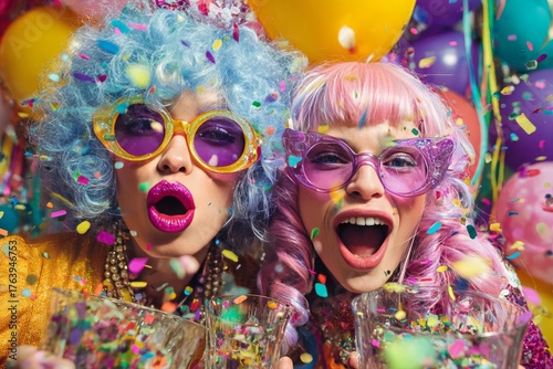 Colorful Party Celebration With Excited Women Enjoying Confetti and Balloons ...