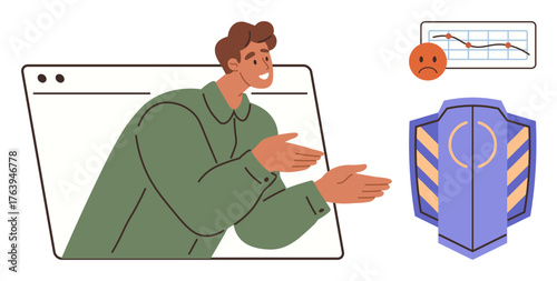 Person discussing safety concerns with a falling graph and shield symbol. Ideal for cybersecurity, financial loss, risk management, online safety, digital security, crisis communication, simple flat
