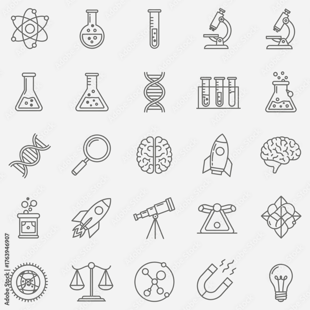 Obraz premium Science and Technology Icons Atom, Flasks, DNA, Microscope, Brain, Rocket, Telescope, Magnet, and More