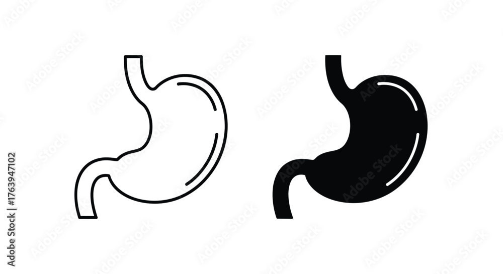Fototapeta premium Two stylized icons representing the human stomach, one outlined and one filled in black.