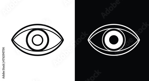 A minimalist graphic representation of an eye, shown in both black and white versions against contrasting backgrounds.
