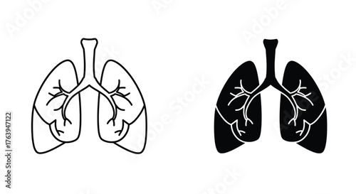 Two minimalist icons of human lungs, one in outline and one as a solid black silhouette, illustrating the respiratory system.