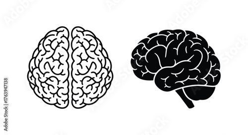 Two graphic illustrations of the human brain, one a top-down outline and the other a side-view silhouette.