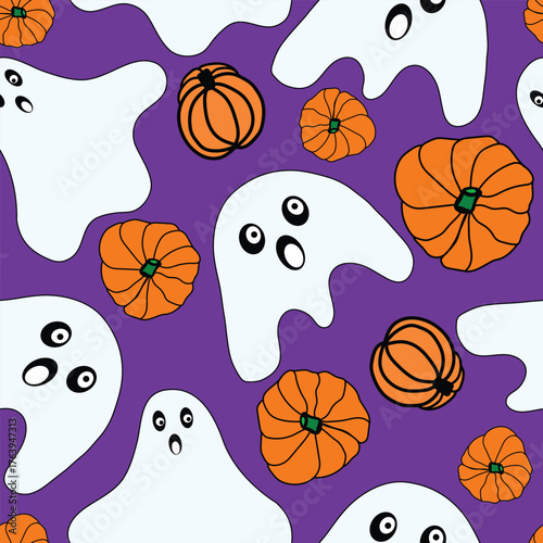 Halloween funny ghost with orange pumpkins on purple background seamless pattern. It is good for fabric, decorations, wrapping, clothing, printable and more.