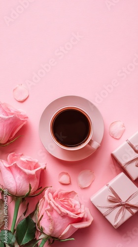 Celebrate Love With Coffee, Pink Roses, and Gifts on a Soft Pink Background