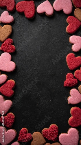Colorful Heart-Shaped Cookies Arranged Beautifully on a Dark Surface for a Fe...