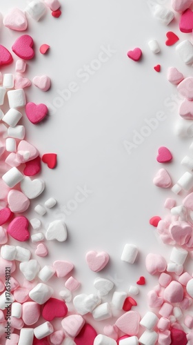 Colorful Heart-Shaped Candies Scattered on White Background for Celebration a...