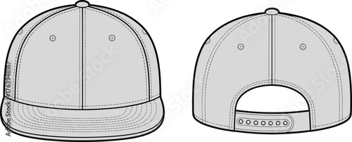 Baseball cap front view, rear view, snapback strap, stitching detail, vector illustration, fashion headwear, curved brim, garment mockup