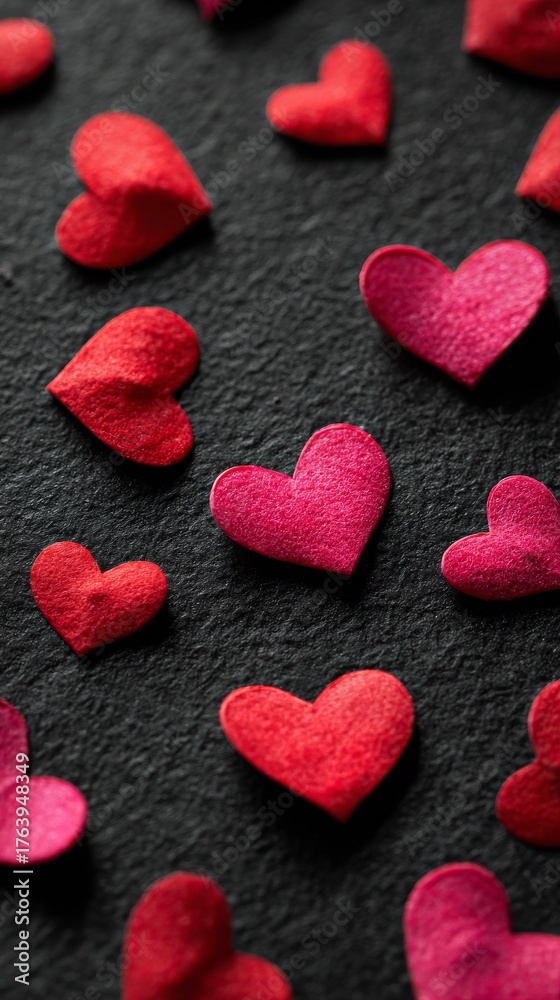 Obraz premium Colorful Felt Hearts Scattered on a Dark Background for a Creative Decoration Idea