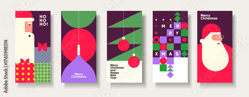 Wallpaper Mural A collection of five colorful and modern Christmas-themed banners featuring abstract designs of Santa Claus, ornaments, and festive greetings. The vibrant colors and geometric shapes  Torontodigital.ca