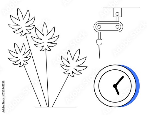 Cannabis plant, medical syringe, and clock symbolizing cultivation, medical use, research, and timing. Ideal for health, research, agriculture technology innovation medical progress simple flat