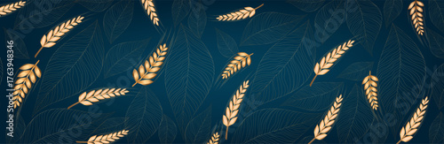 background with a golden spike or wheat on a blue background. pattern of ears of corn and grain. modern logo for banners. vector illustration. gold leaves