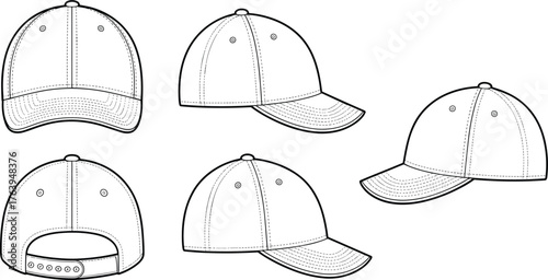 Baseball cap technical drawing, front side rear view, black and white sketch, fashion accessory, apparel template, vector illustration, editable