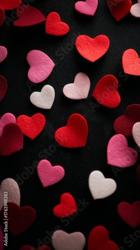 Colorful Felt Hearts Scattered on a Dark Background for a Creative Decoration...