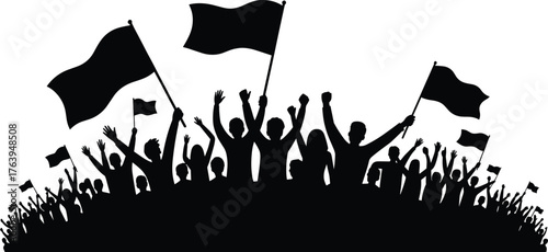 Crowd silhouette, flag waving, public gathering, protest scene, celebration moment, unity expression, black figures, white background, collective action 