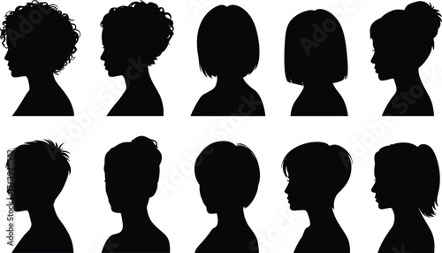Female hairstyle silhouettes, black profiles, hair design, fashion reference, diverse styles, bun, bob, ponytail, afro, spiky, layered, short, medium, long