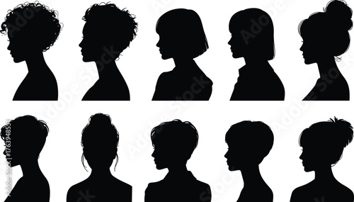 Female hairstyle silhouette vector, black woman profile, diverse hair types, fashion beauty icon, cad drawing flat vector illustration