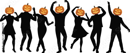       Halloween pumpkin head dancers, jack-o’-lantern silhouettes, spooky party celebration, festive dance illustration, costume characters artwork, vector holiday design background