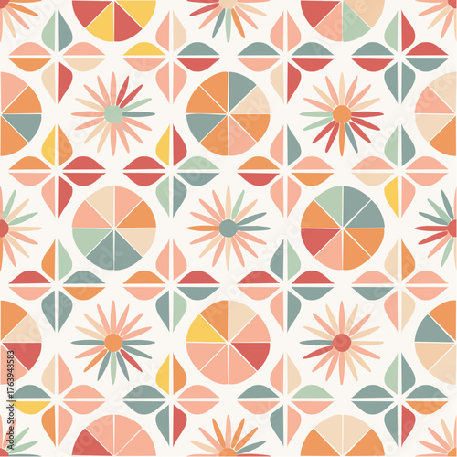 Vintage-inspired seamless pattern featuring abstract geometric flowers and circular elements in a soft pastel color scheme